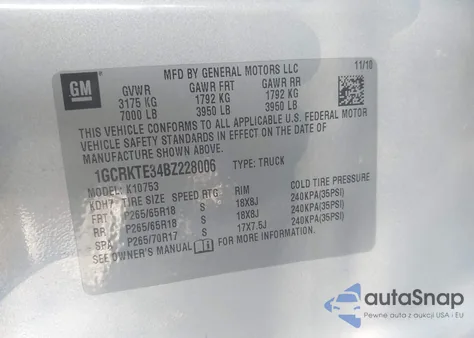 2011 Chevrolet Silverado 1500 Ltz z USA, uszkodzony, nr VIN 1GCRKTE34BZ228006